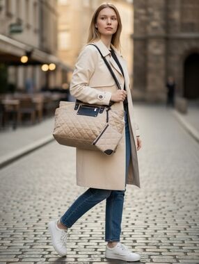 Bugatti Quilted Beige Weekender Tote Bag with Zippered Pouch
